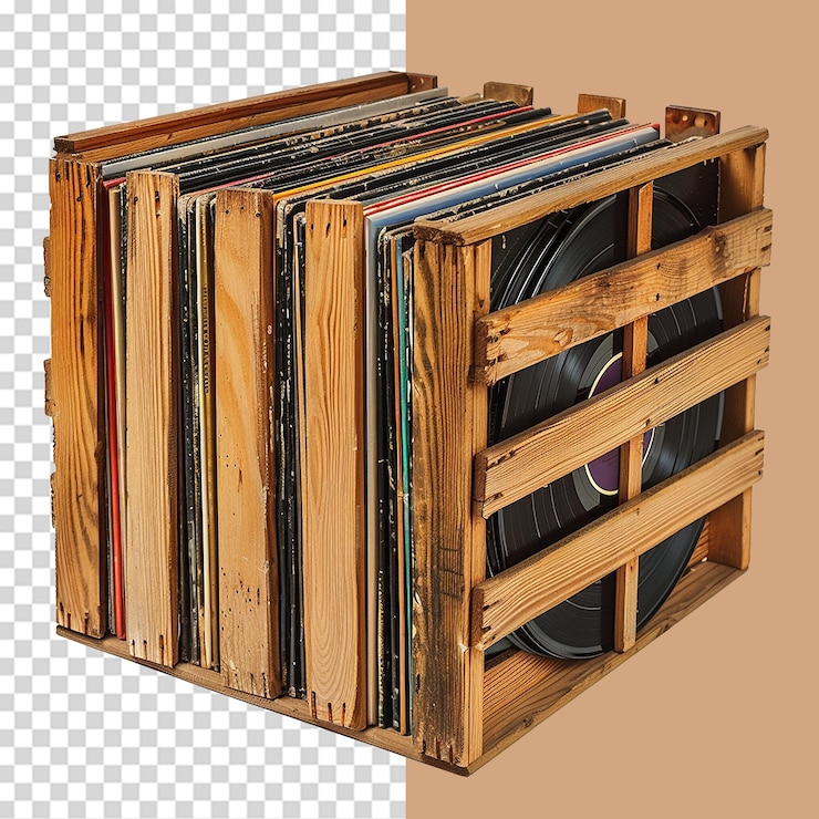 PSD una caja de madera de discos de vinilo aislados en un fondo transparente