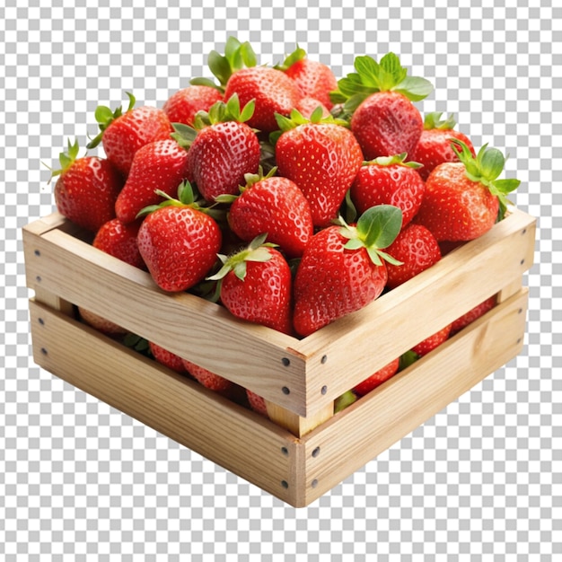 PSD caja de madera llena de fresas fondo transparente