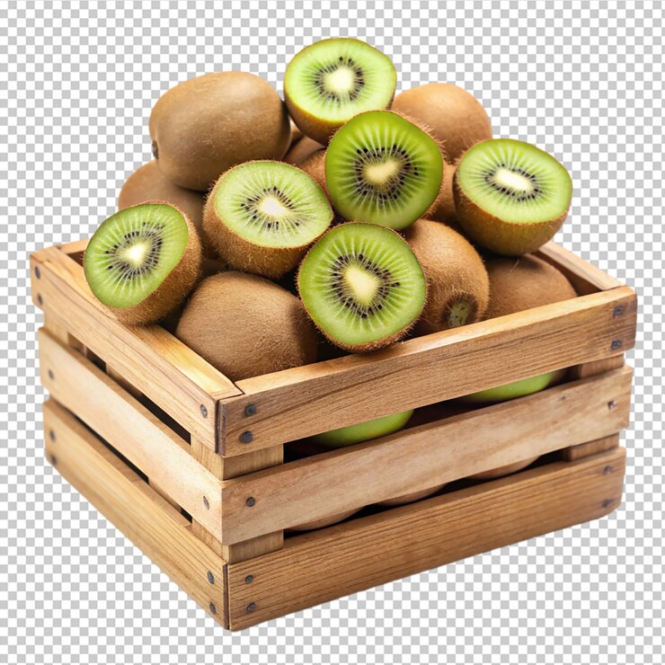 PSD caja de madera llena de kiwis sobre un fondo transparente