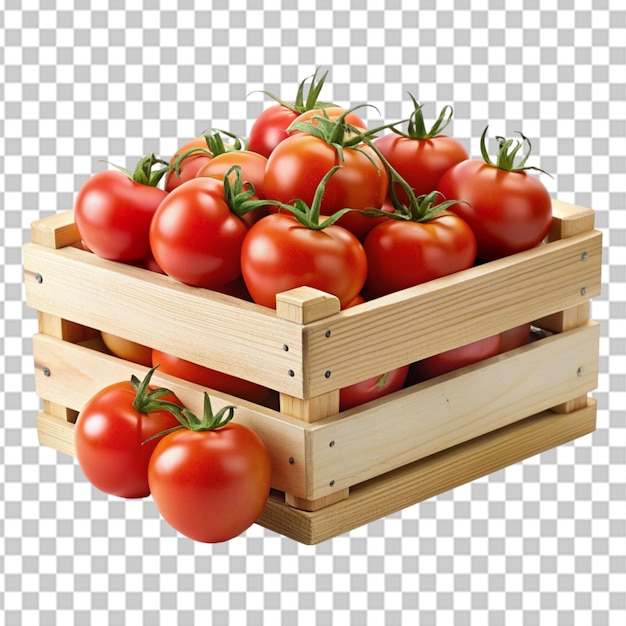 PSD caja de madera llena de tomates rojos frescos maduros aislados sobre un fondo transparente