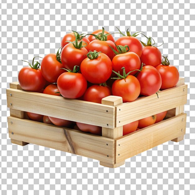 PSD caja de madera llena de tomates rojos frescos maduros aislados sobre un fondo transparente