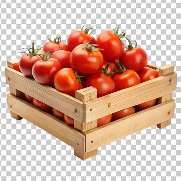 PSD caja de madera llena de tomates rojos frescos maduros aislados sobre un fondo transparente