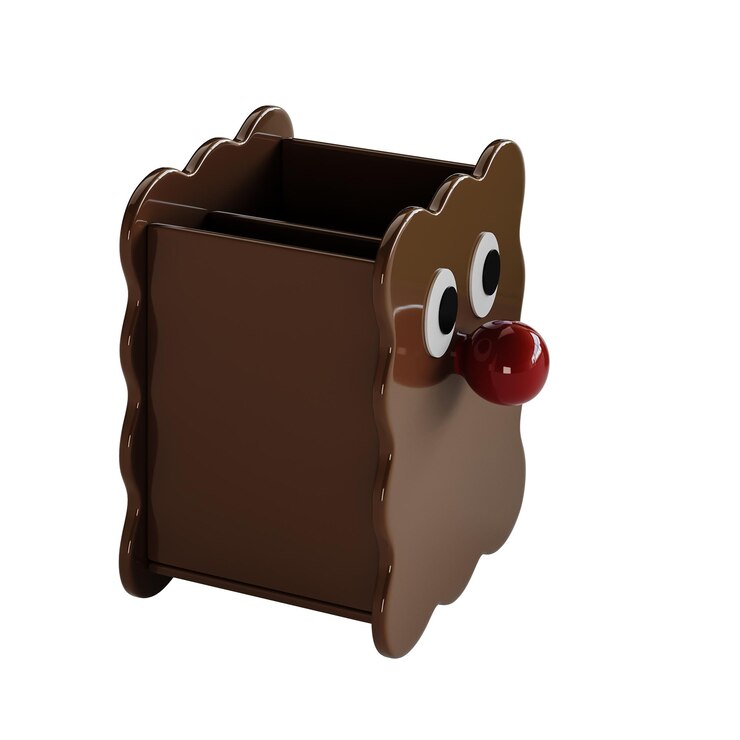 PSD una caja de madera marrón con una nariz y ojos rojos la caja tiene la forma de un oso y tiene una bola roja en el interior
