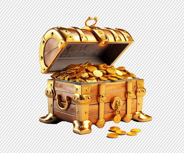 una caja de madera con monedas de oro y una caja que dice monedas de Oro