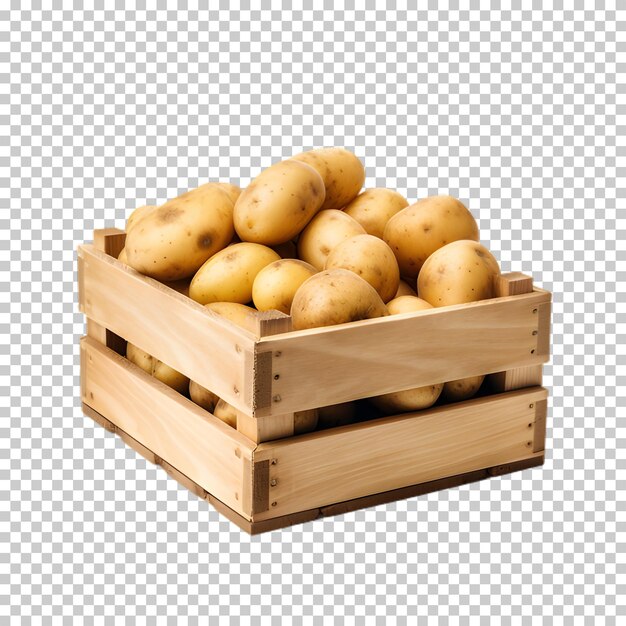 PSD caja de madera con patatas aisladas en un fondo transparente