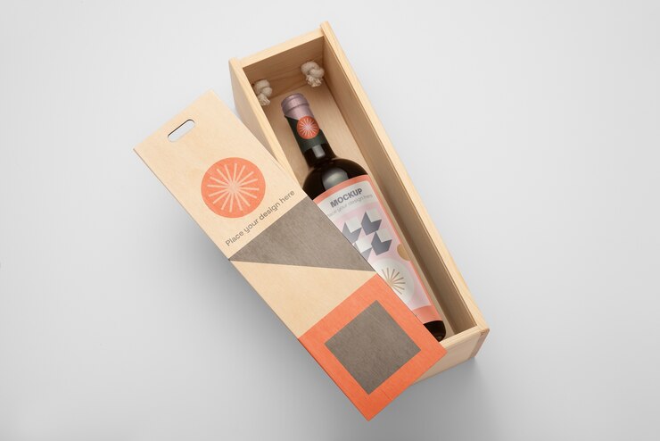 PSD caja de madera plana y botella de vino.