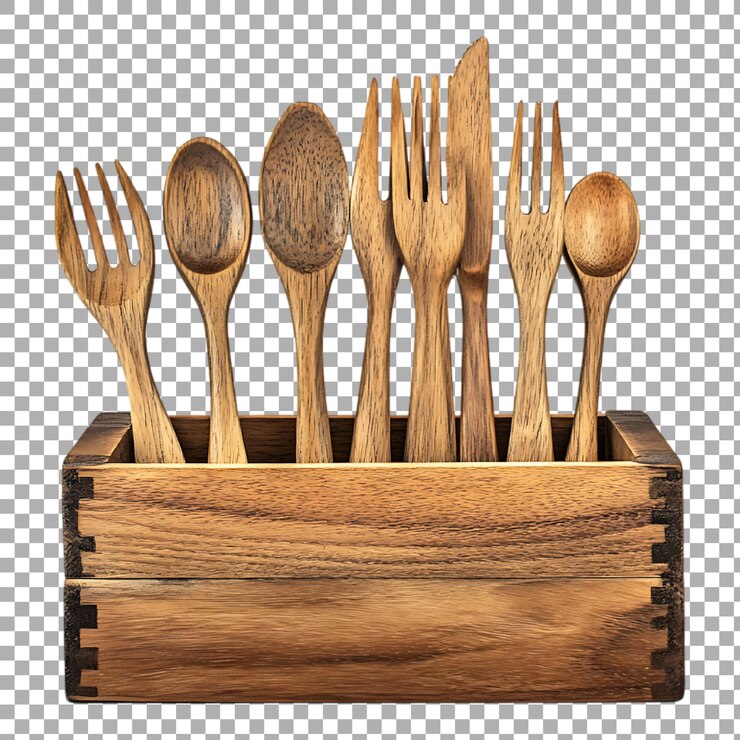PSD caja de madera png con tenedores y cucharas de madera aislados contra un fondo transparente para utensilios de cocina, comidas rústicas o proyectos de artesanía