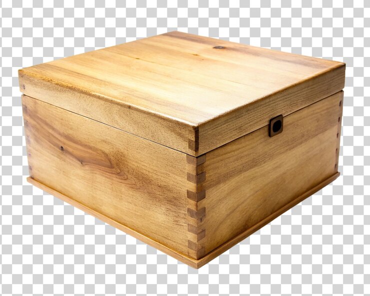PSD caja de madera con tapa aislada sobre un fondo transparente