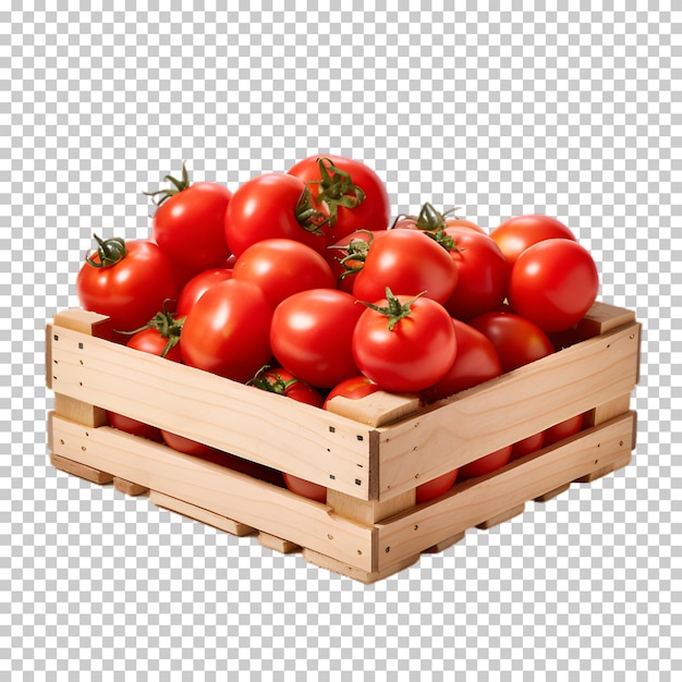PSD caja de madera con tomates aislados en un fondo transparente