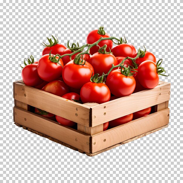 Caja de madera con tomates frescos aislados sobre un fondo transparente