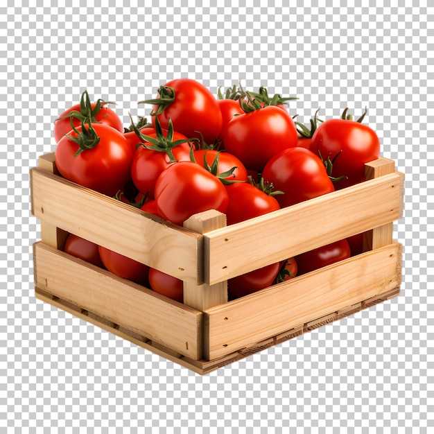 PSD caja de madera con tomates frescos aislados sobre un fondo transparente