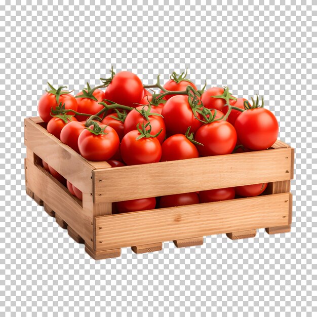 PSD caja de madera con tomates frescos aislados sobre un fondo transparente