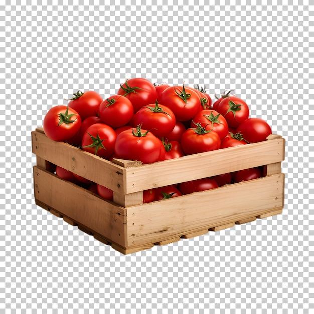 PSD caja de madera con tomates frescos aislados sobre un fondo transparente