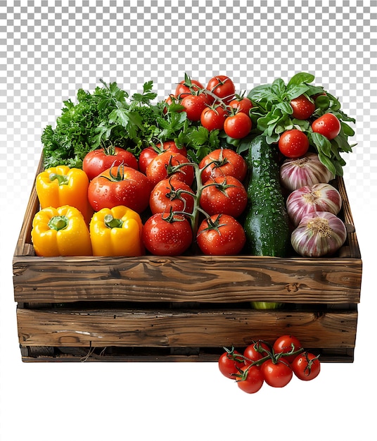 PSD caja de madera transparente con verduras frescas