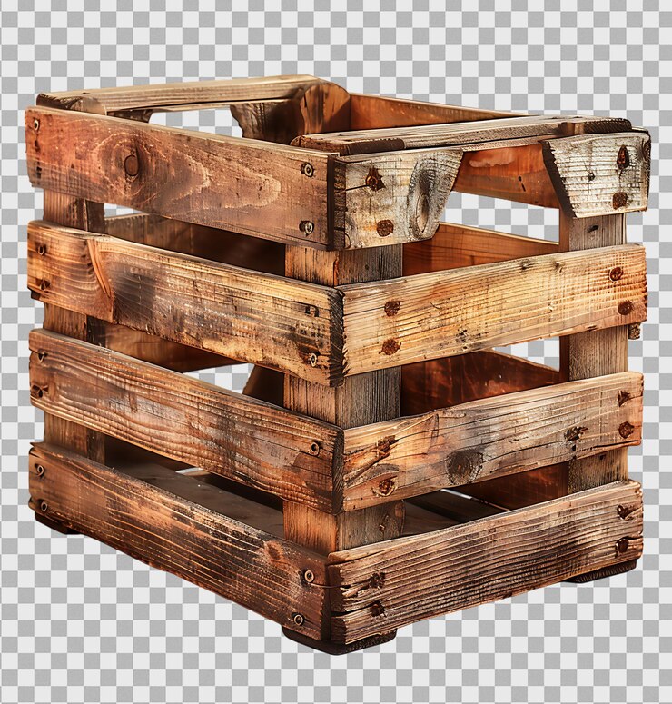 PSD caja de madera vacía sobre un fondo transparente