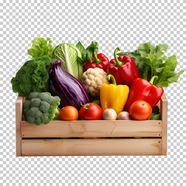 Caja de madera con verduras frescas aisladas en un fondo transparente concepto de alimentos png