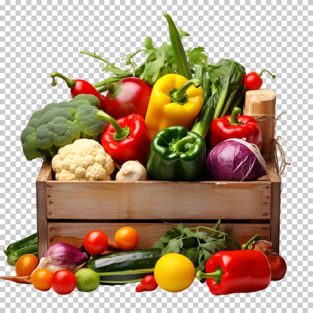 Caja de madera con verduras frescas aisladas en un fondo transparente concepto de alimentos png