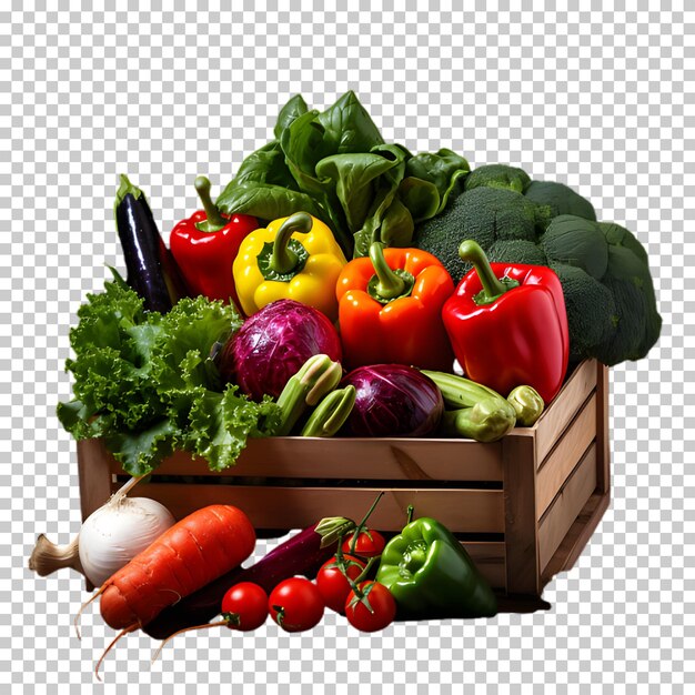 PSD caja de madera con verduras frescas aisladas en un fondo transparente concepto de alimentos png
