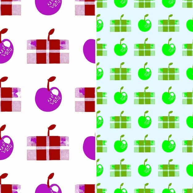 PSD una caja de manzanas y una caja de kiwi en verde y púrpura.