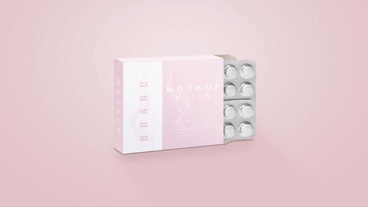 PSD caja de maqueta de empaque de pastillas con fondo inteligente psd