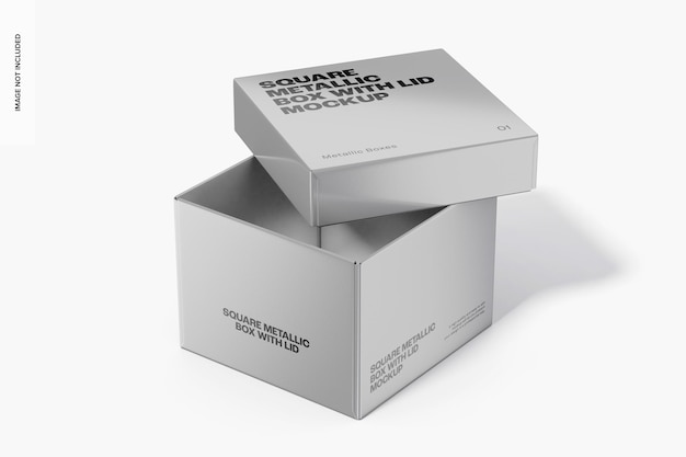 Caja metálica cuadrada con muestra de tapa, abierta