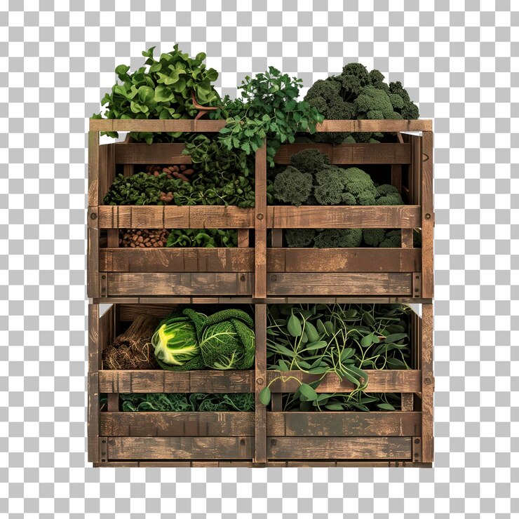 PSD una caja con un montón de verduras en ella que está hecha de madera