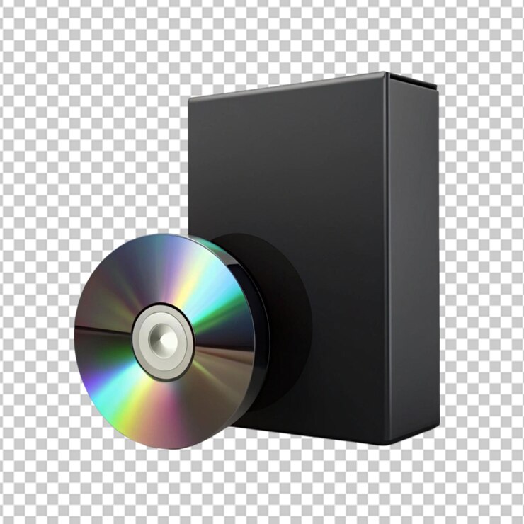 PSD caja negra con cd en fondo transparente