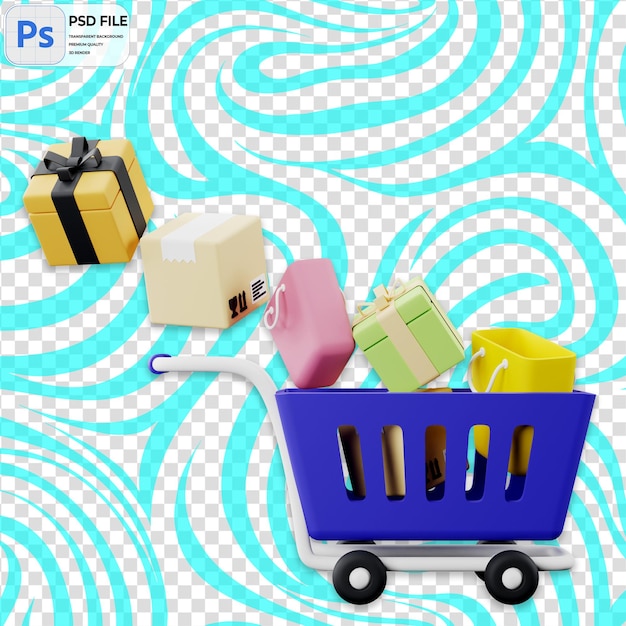 PSD caja de paquetes 3d y icono de bolsa de compras aislado ilustración png plantilla psd