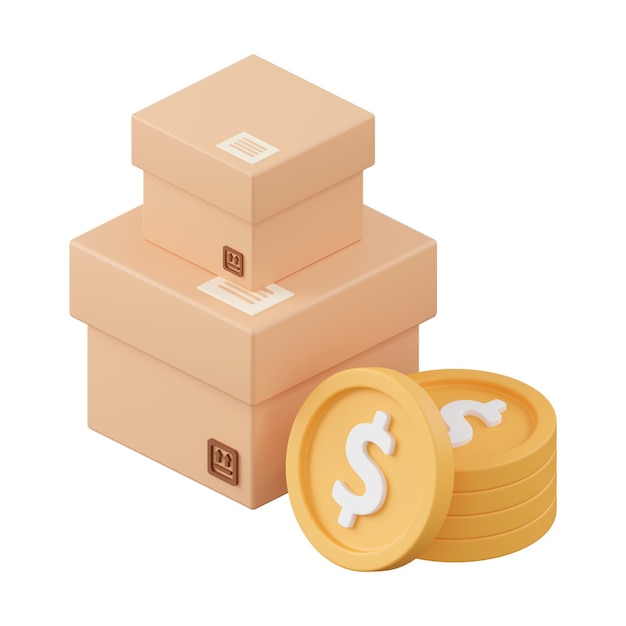 Caja de paquetes con moneda de dinero Ilustración 3D del marketing de afiliados de Icon