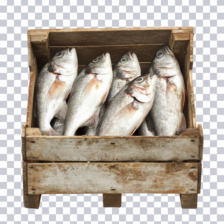PSD caja de pescado sostenible para el transporte de mariscos con fondo transparente