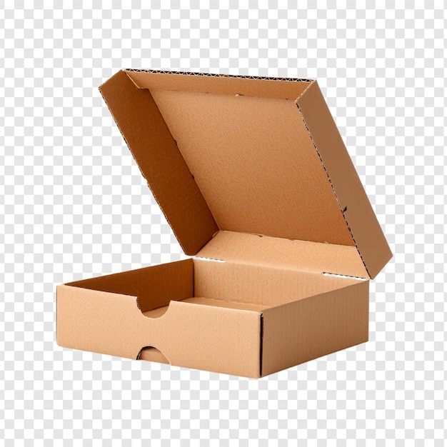 Caja de pizza de cartón abierta de color marrón claro con pliegues realistas texturas sombras suaves bg transparente