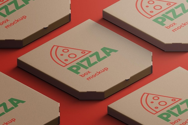 Caja de pizza de cartón editable embalaje maqueta entrega comida para llevar concepto arreglo isométrico aislado