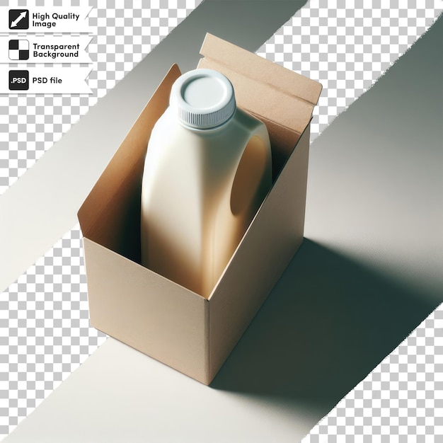 Caja psd de leche y vaso de leche sobre un fondo transparente