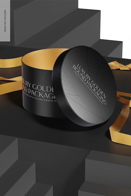 Caja Redonda Premium con Mockup de Cinta Dorada, Abierta