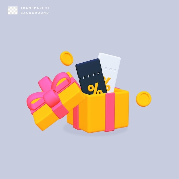 Caja de regalo 3D con cinta que contiene vales de descuento y monedas