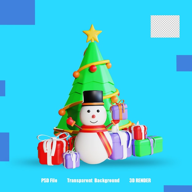 Caja de regalo 3d render icon tree y muñeco de nieve 4