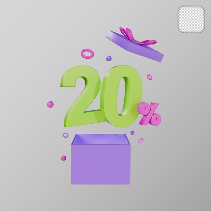 PSD caja de regalo abierta con un 20 por ciento de descuento ilustración 3d