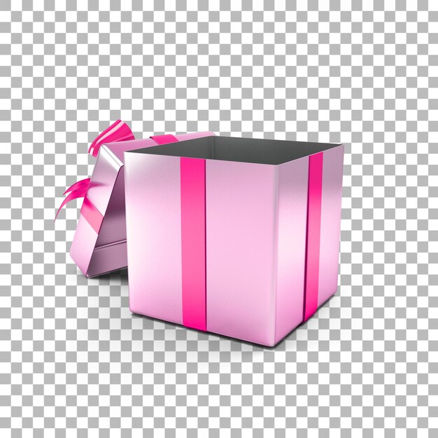 Caja de regalo abierta en blanco o caja de regalo con lazo de cinta rosa aislado sobre fondo de transparencia