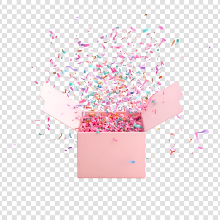PSD caja de regalo abierta con confeti aislado sobre fondo blanco.