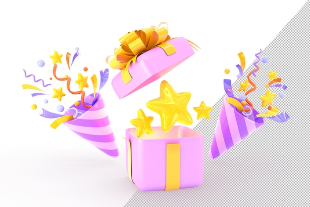 Caja de regalo abierta con estrellas doradas y popper de fiesta con confeti 3d render Juego ui elemento de diseño símbolo de bonificación ganador logro Icono de embalaje aislado con cinta dorada y arco ilustración 3D