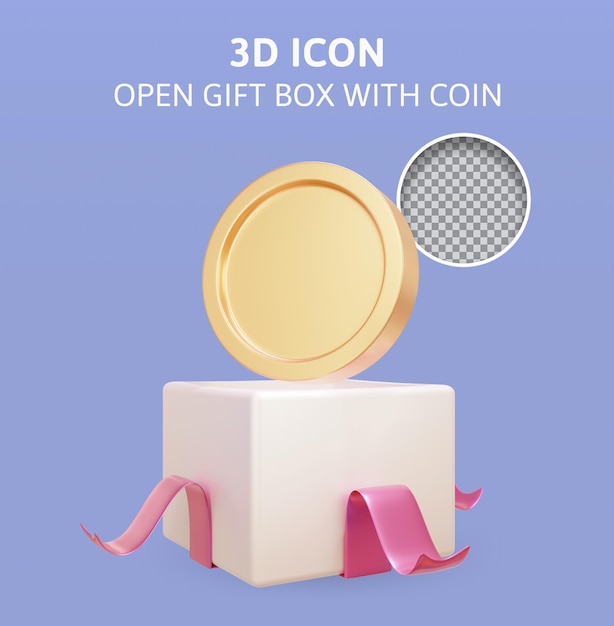Caja de regalo abierta con ilustración de renderizado 3d de moneda