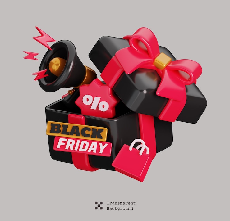 PSD caja de regalo abierta con megáfono y bolsa de compras aislada black friday shopping concept 3d render