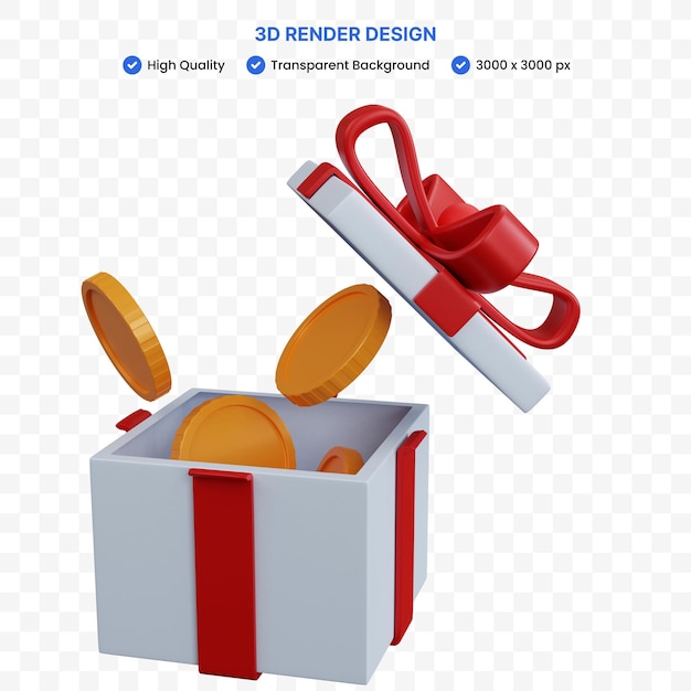 Caja de regalo abierta de representación 3d con algunas monedas aisladas