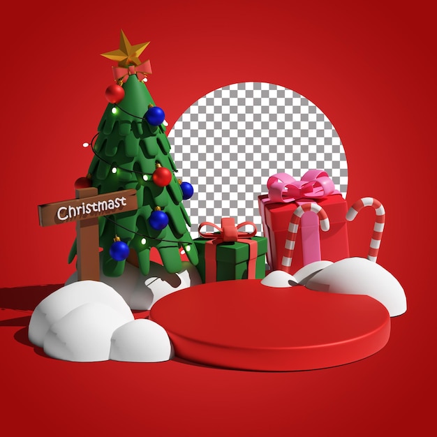 Caja de regalo de árbol de Navidad y podio 3D Render