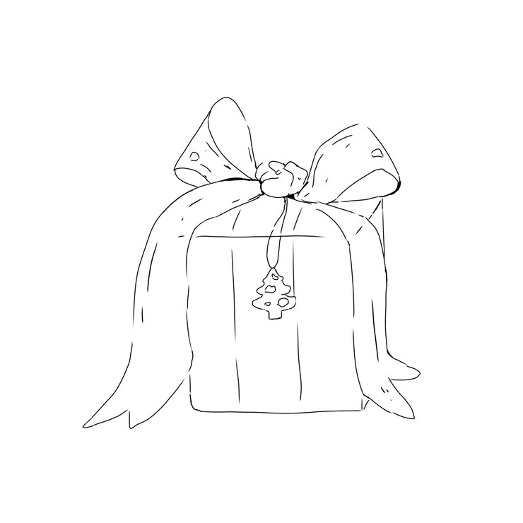 PSD caja de regalo atada con cinta con colgante de árbol de navidad ilustración en blanco y negro