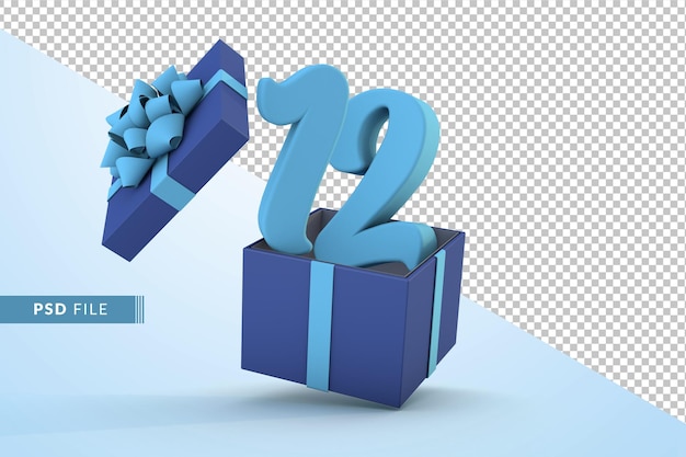 Caja de regalo azul y azul número 12 un concepto de celebración de cumpleaños feliz 3d render