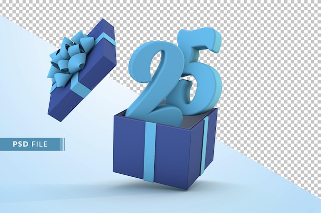 Caja de regalo azul y azul número 25 un concepto de celebración de cumpleaños feliz 3d render