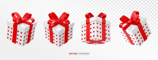 caja de regalo blanca y roja 3d render con colección de corazones