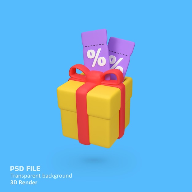 Caja de regalo con cupón de descuento aislado Ilustración del icono de renderización 3D