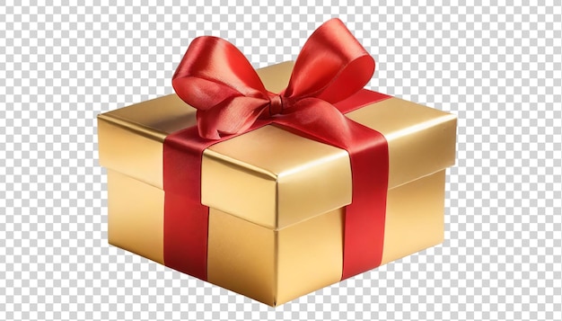 PSD caja de regalo dorada con arco de cinta roja aislado sobre un fondo transparente